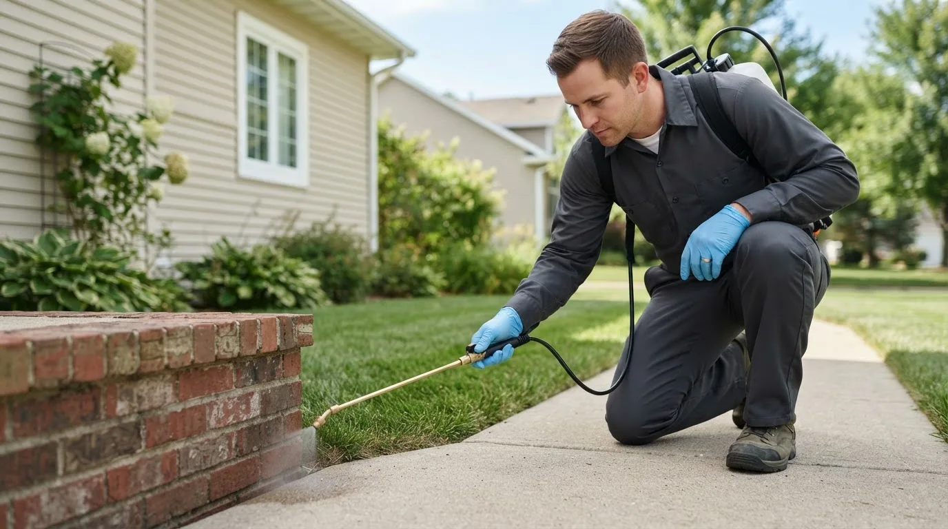 Pest control technician treating a home near Canton, MI